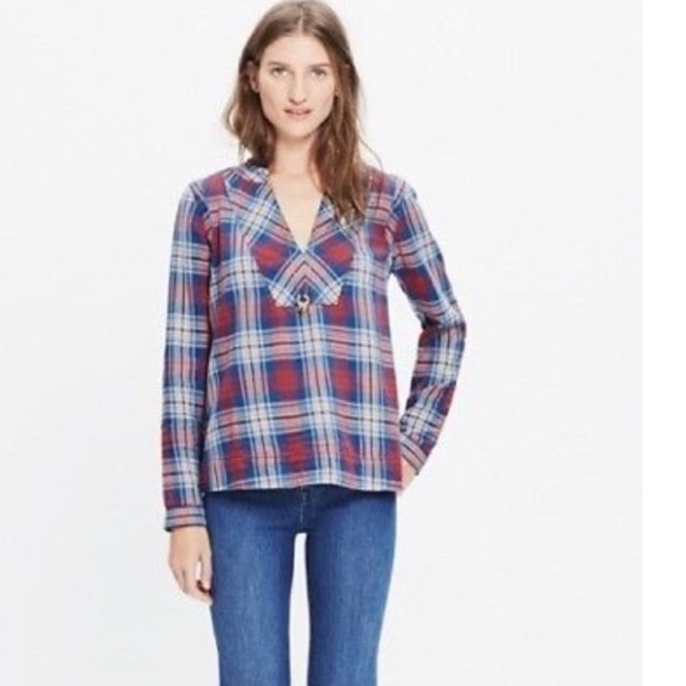 Madewell Womens Red Blue Plaid Flannel Split Neck Pullover Top E6016 Large‎ - Picture 5 of 5